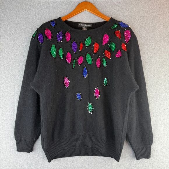Vintage Retro Womens Christmas Lights Black Sweater Silk/Angora Blend Pull Over - Picture 1 of 6